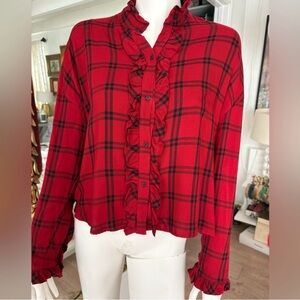 Zara Button-up Red Shirt with Ruffle